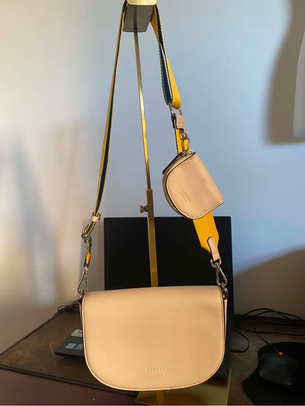 Beige Crossbody Bag with Yellow Accent Strap